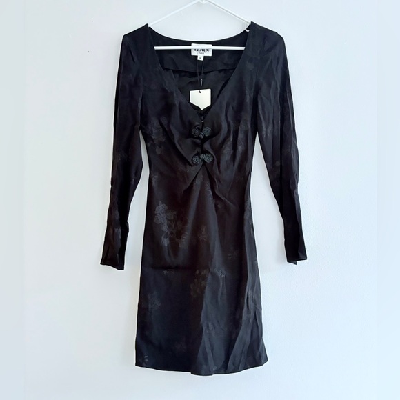 ROUJE PARIS Nancia Floral Jacquard Silk Satin Black Mini Dress Frog Knot Detail - Picture 9 of 16
